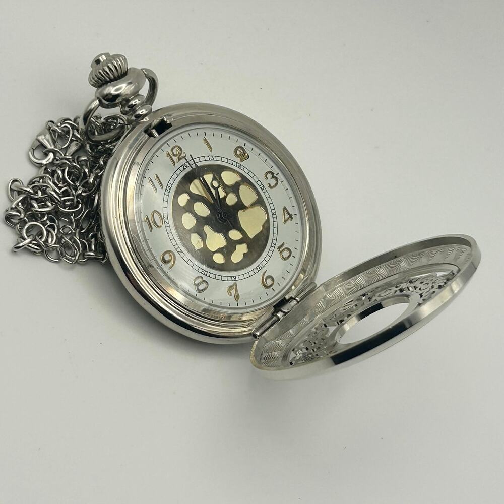 Open Center Silver Tone Vintage Style Pocket Watch Necklace Working New Battery - Picture 7 of 7